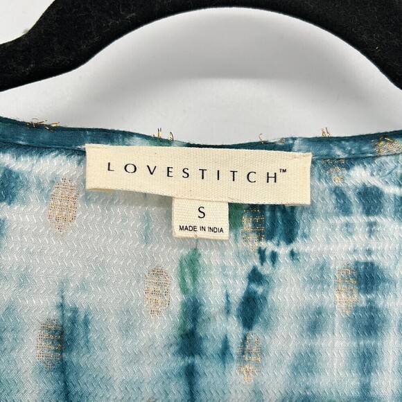 LOVESTITCH Blue Gold Metallic Front Tie Bell Sleeve Boho Blouse Size Small - Picture 5 of 6